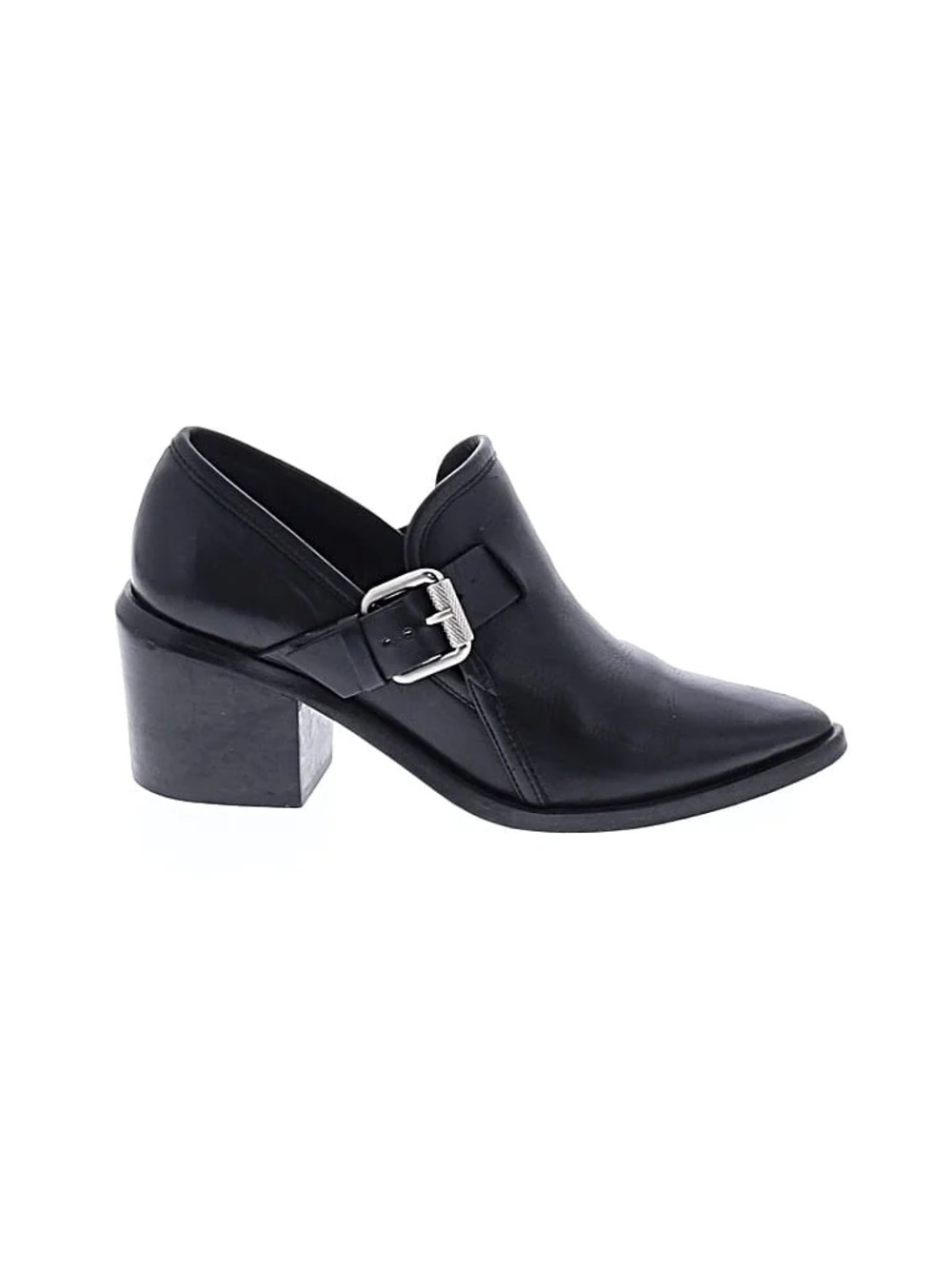 AllSaints Jessie Black Leather Buckle Block Heel Pointed Toe Booties 36